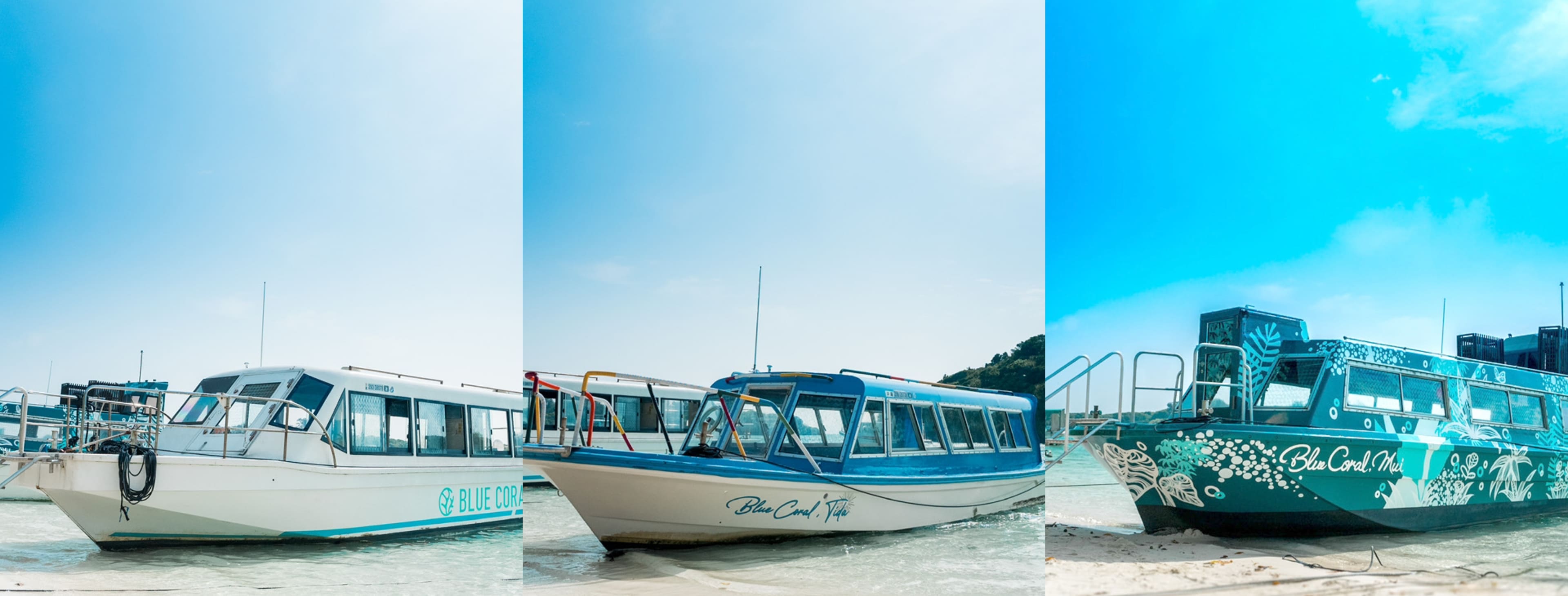 砂浜に三つのグラスボートが停められている様子